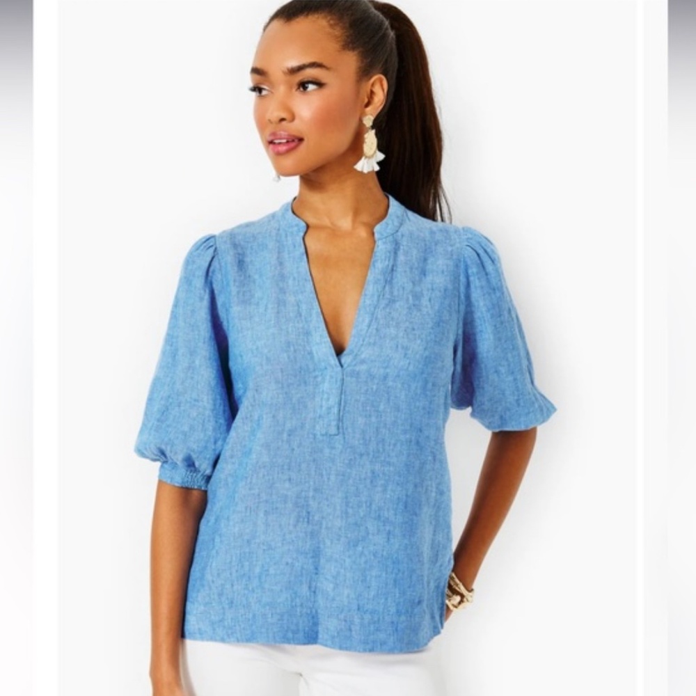 NWT Lilly Pulitzer Mialeigh Chambray Linen Top Beckon Blue Sea Salt Blue